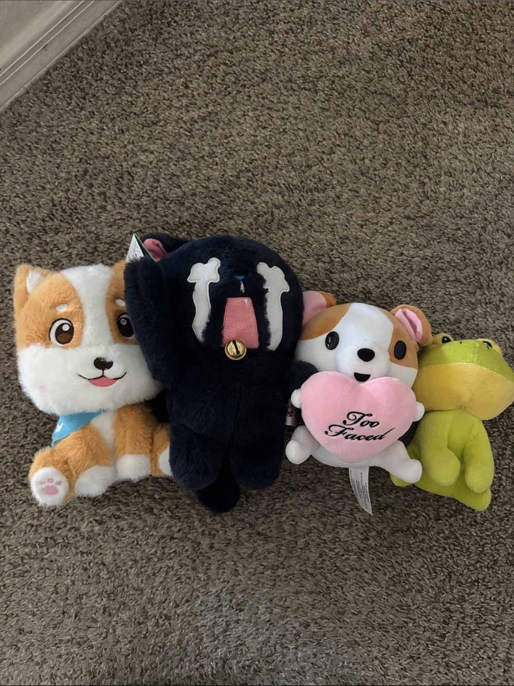 Plush Toy Lot - Corgi, Black Crying Character, Heart Puppy, Green Frog
